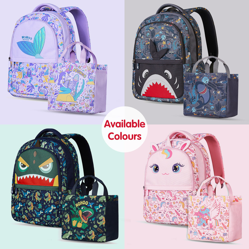 NOHOO Kids 16 Inch School Bag with Handbag Combo Dino - Green