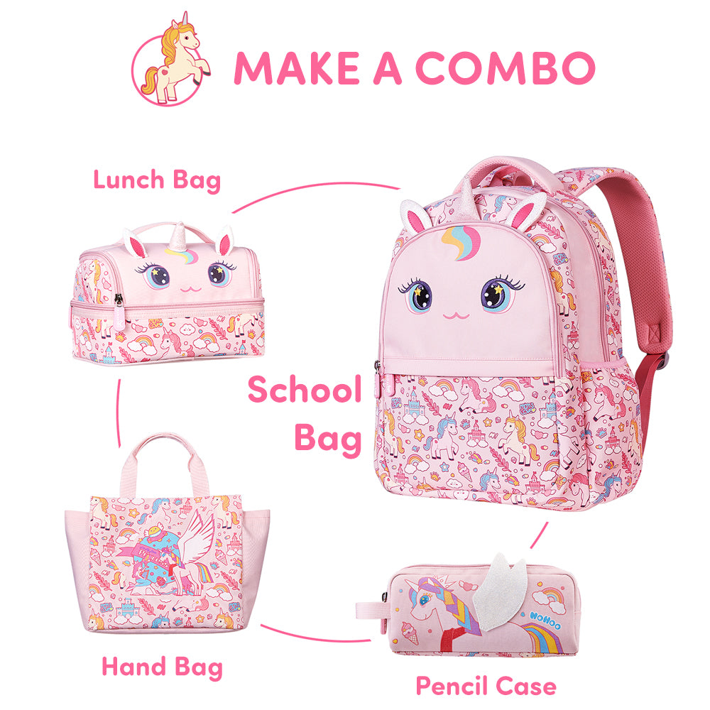 NOHOO Kids 16 Inch School Bag with Handbag Combo Unicorn - Pink