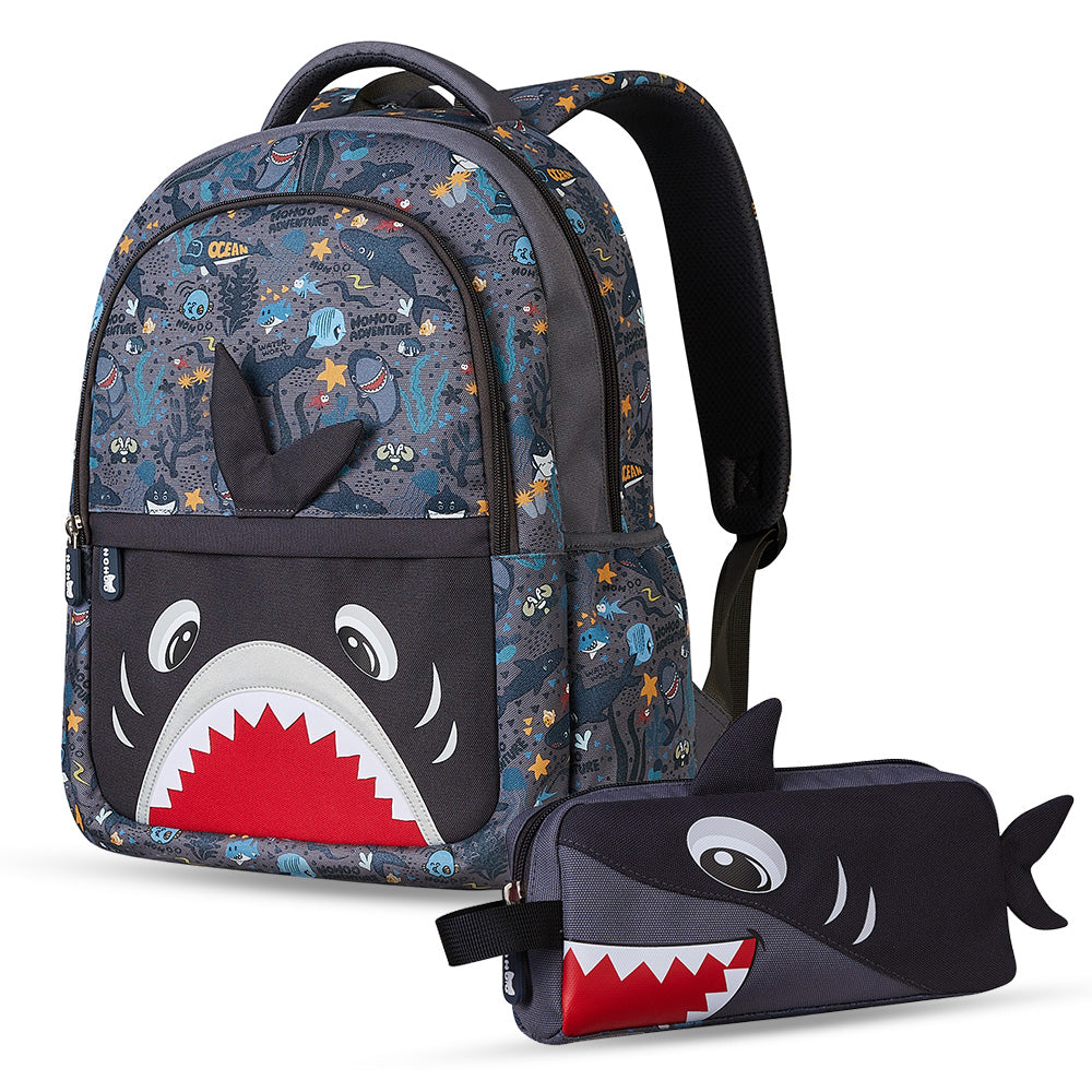 NOHOO Kids 16 Inch School Bag with Pencil Case Combo Shark - Grey