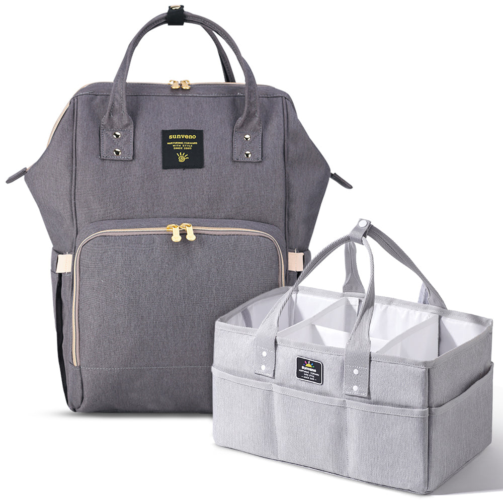 SUNVENO Diaper Bag w/USB + Diaper Caddy - Grey