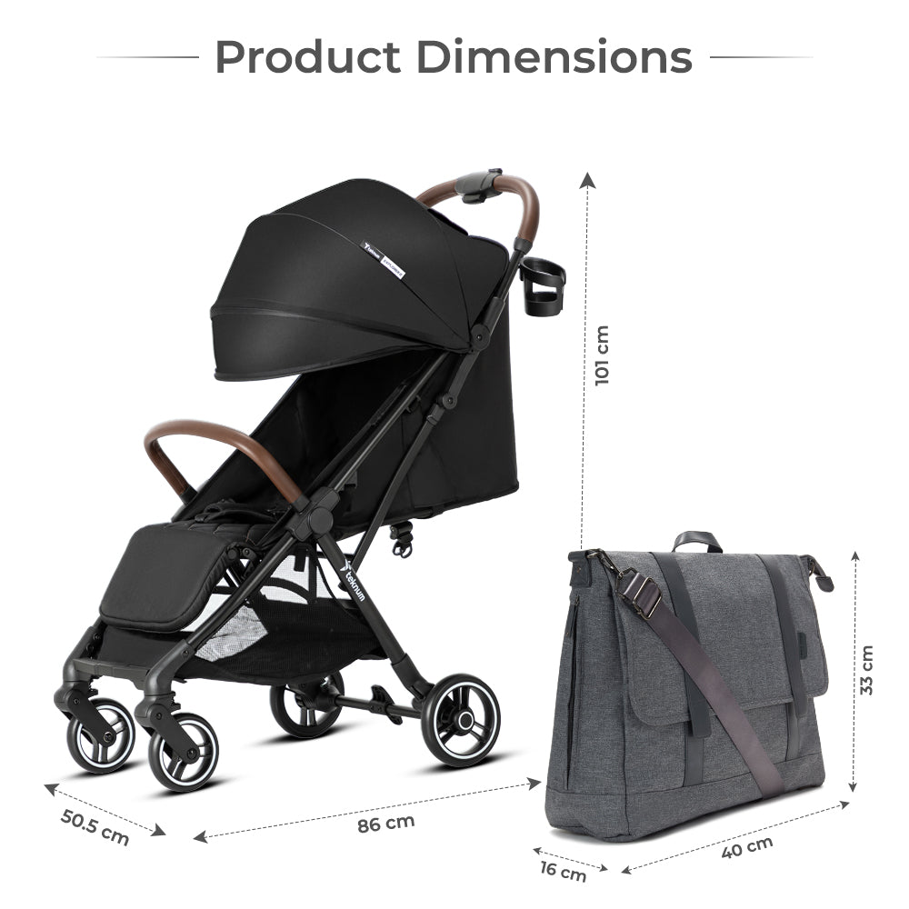 TEKNUM Travel EXPLORER 2 Auto Fold Stroller with Grey Dad's Diaper Hand Bag - Black
