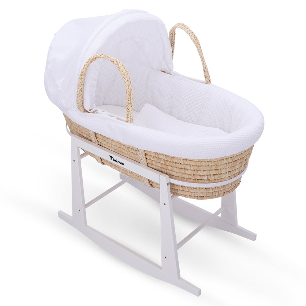 TEKNUM Moses Basket with Waffle Beddings, Mattress and Rocker Stand - Wooden Brown