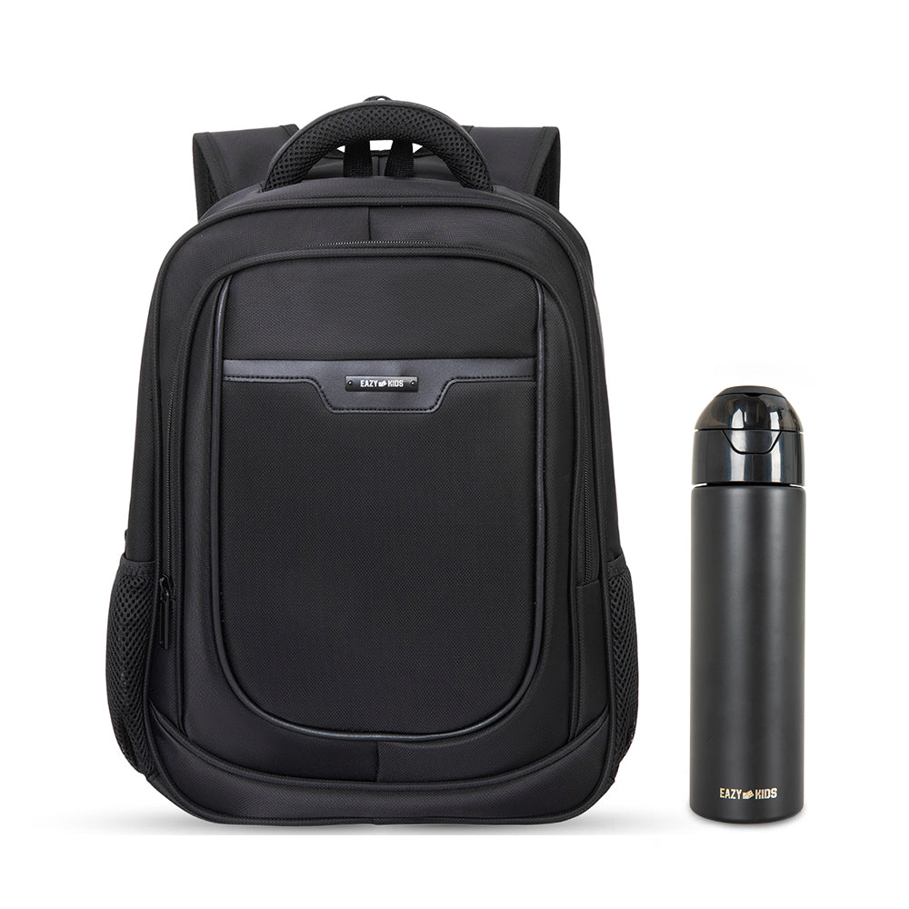 Eazy Kids 16” School Backpack with Laptop Sleeve & 640ml Insulated Stainless Steel Spray Water Bottle Set – Black