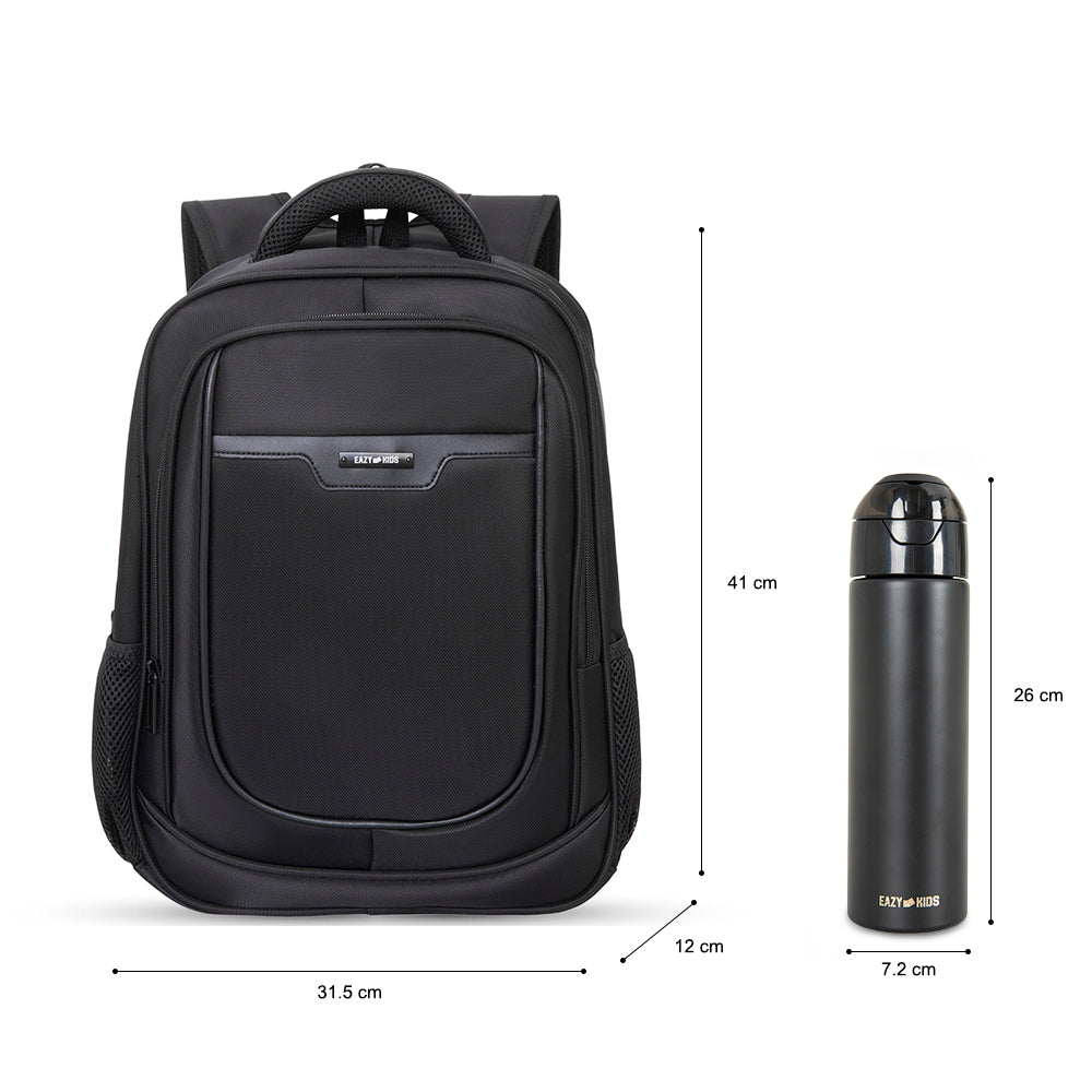 Eazy Kids 16” School Backpack with Laptop Sleeve & 640ml Insulated Stainless Steel Spray Water Bottle Set – Black
