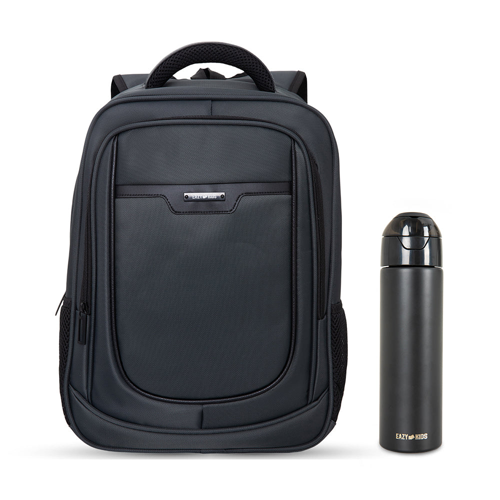 Eazy Kids 16” School Backpack with Laptop Sleeve & 640ml Insulated Stainless Steel Spray Water Bottle Set – Grey