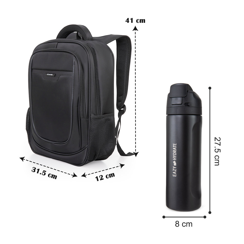 Eazy Kids 16” Backpack with laptop sleeve w/ Stainless Steel Water Bottle 710ml – Black