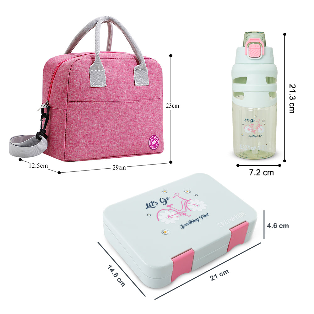 Eazy Kids 4 Compartment Bento Lunch Box w/ Insulated Lunch Bag & Water Bottle 750ml – Bicycle Mint