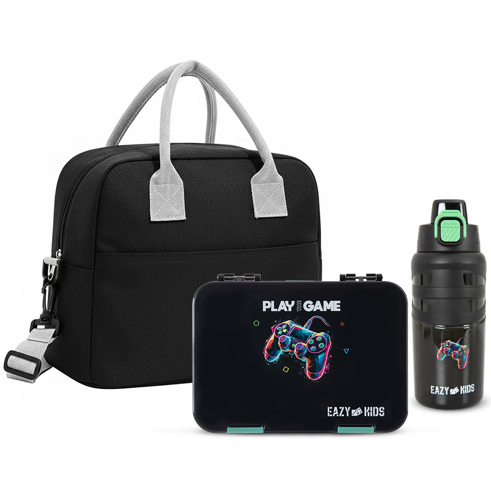 Eazy Kids 4 Compartment Bento Lunch Box w/ Insulated Lunch Bag & Water Bottle 750ml – Gamer Black