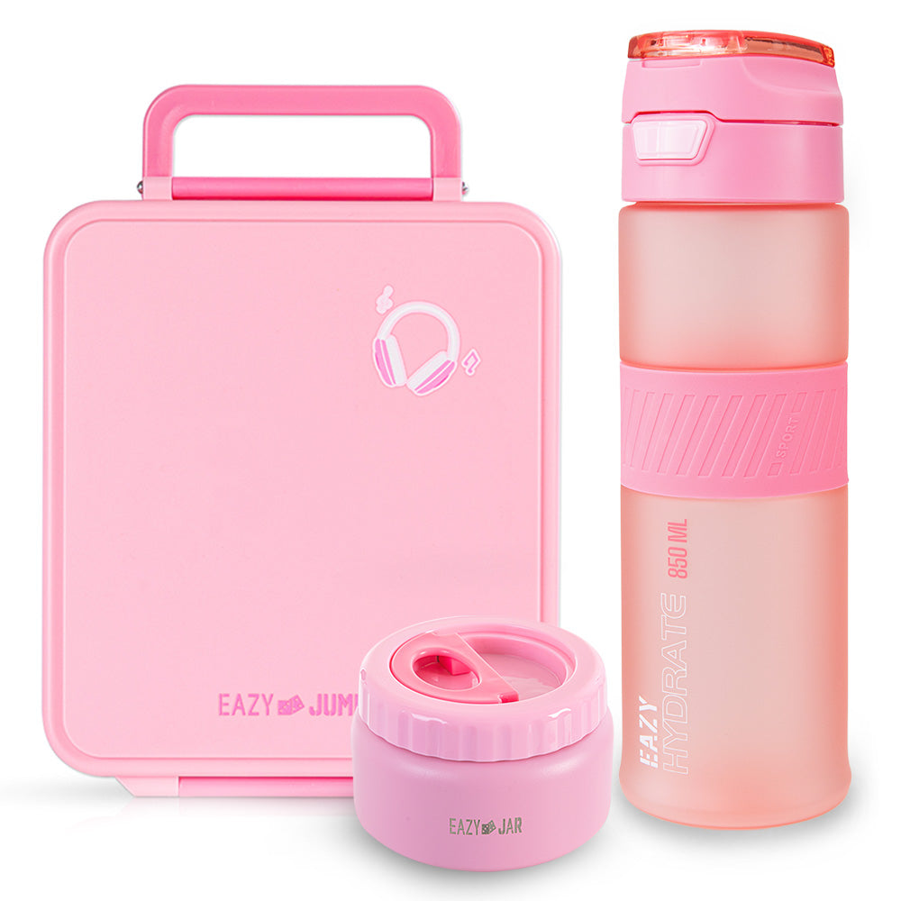 Eazy Kids Jumbo Bento Lunch Box w/ Tritan Water Bottle 850ml – Pink