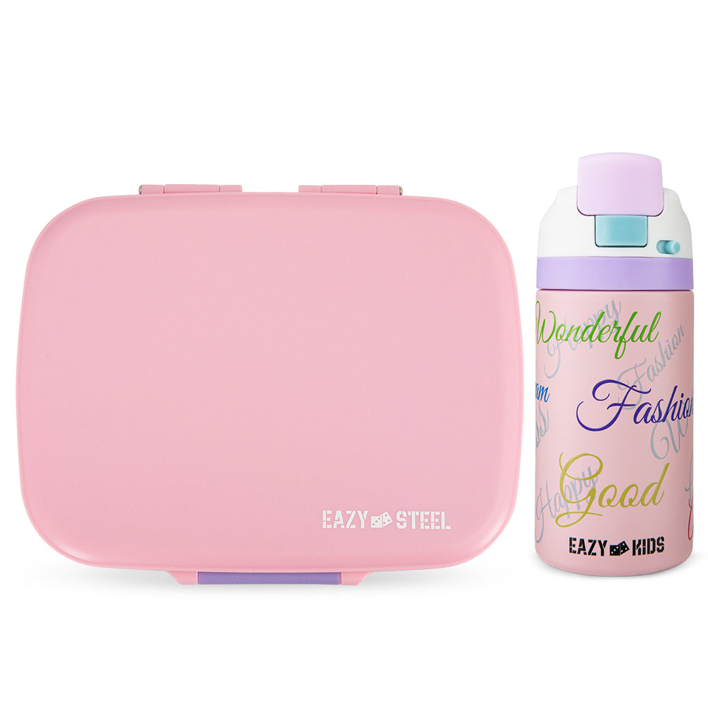 Eazy Kids Premium Stainless Steel Lunch Box 710ml w/ Stainless Steel Water Bottle 445ml β Pink