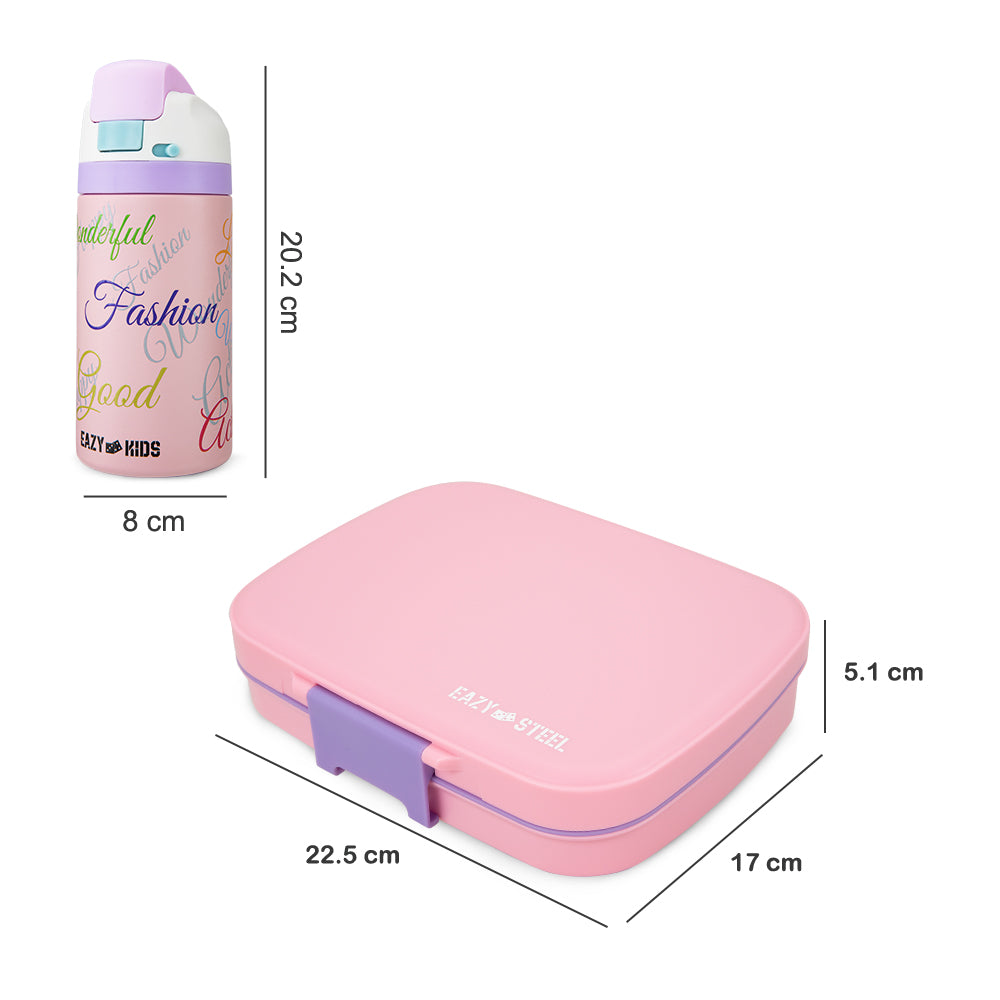 Eazy Kids Premium Stainless Steel Lunch Box 710ml w/ Stainless Steel Water Bottle 445ml β Pink