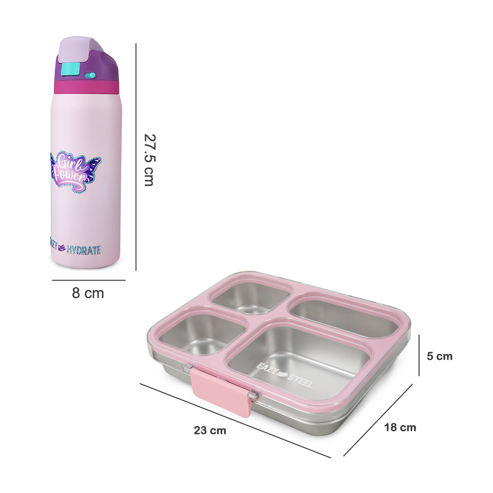 Eazy Kids Stainless Steel Bento Lunch Box 945ml w/ Stainless Steel Water Bottle 948ml – Pink