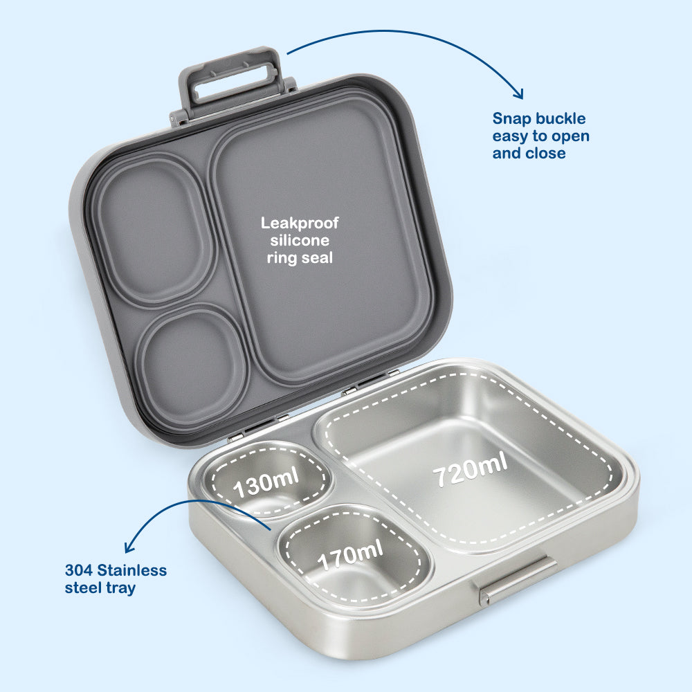 Eazy Kids Premium Stainless Steel Lunch Box w/ Stainless Steel Water Bottle 710ml – Grey