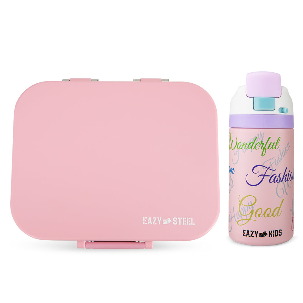 Eazy Kids Premium Stainless Steel Bento Lunch Box w/ Stainless Steel Water Bottle 445ml – Pink