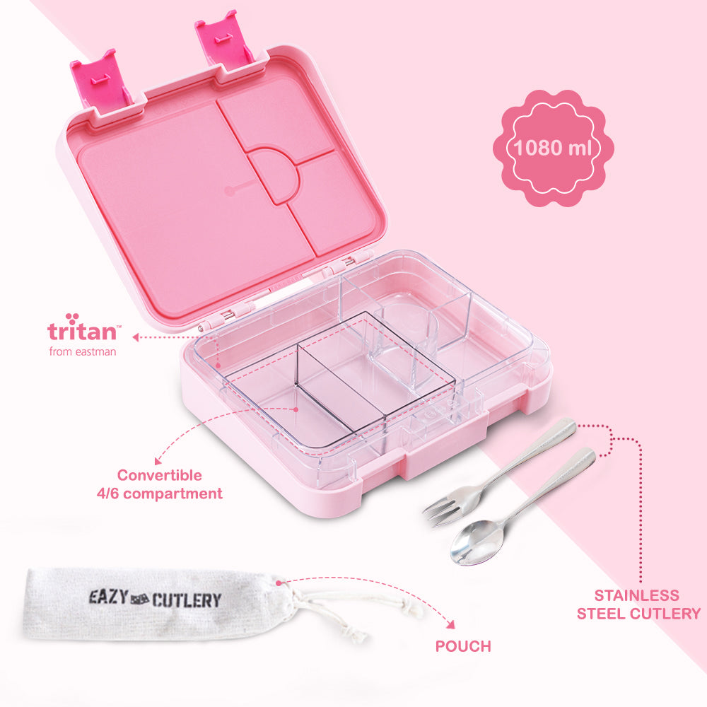 Eazy Kids Convertible Bento Lunch Box w/ Insulated Stainless Steel Water Bottle 640ml – Life Pink