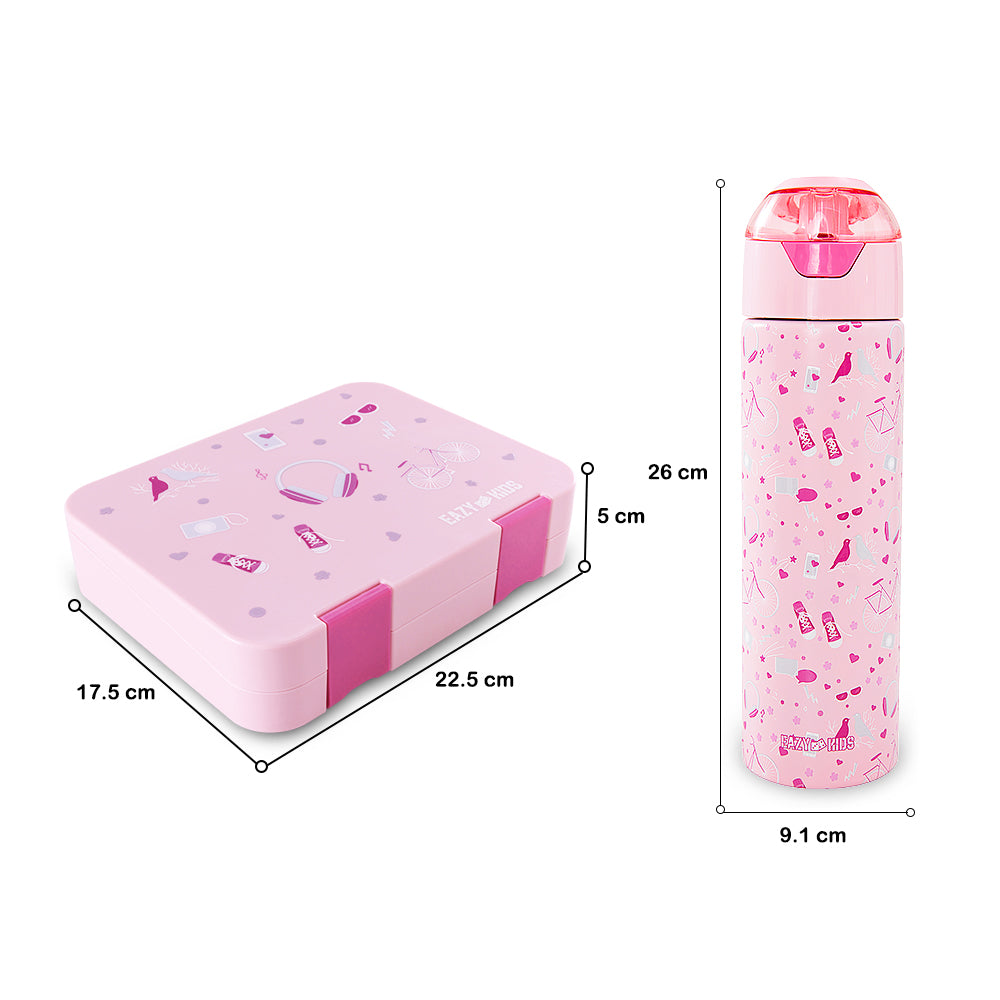 Eazy Kids Convertible Bento Lunch Box w/ Insulated Stainless Steel Water Bottle 640ml – Life Pink