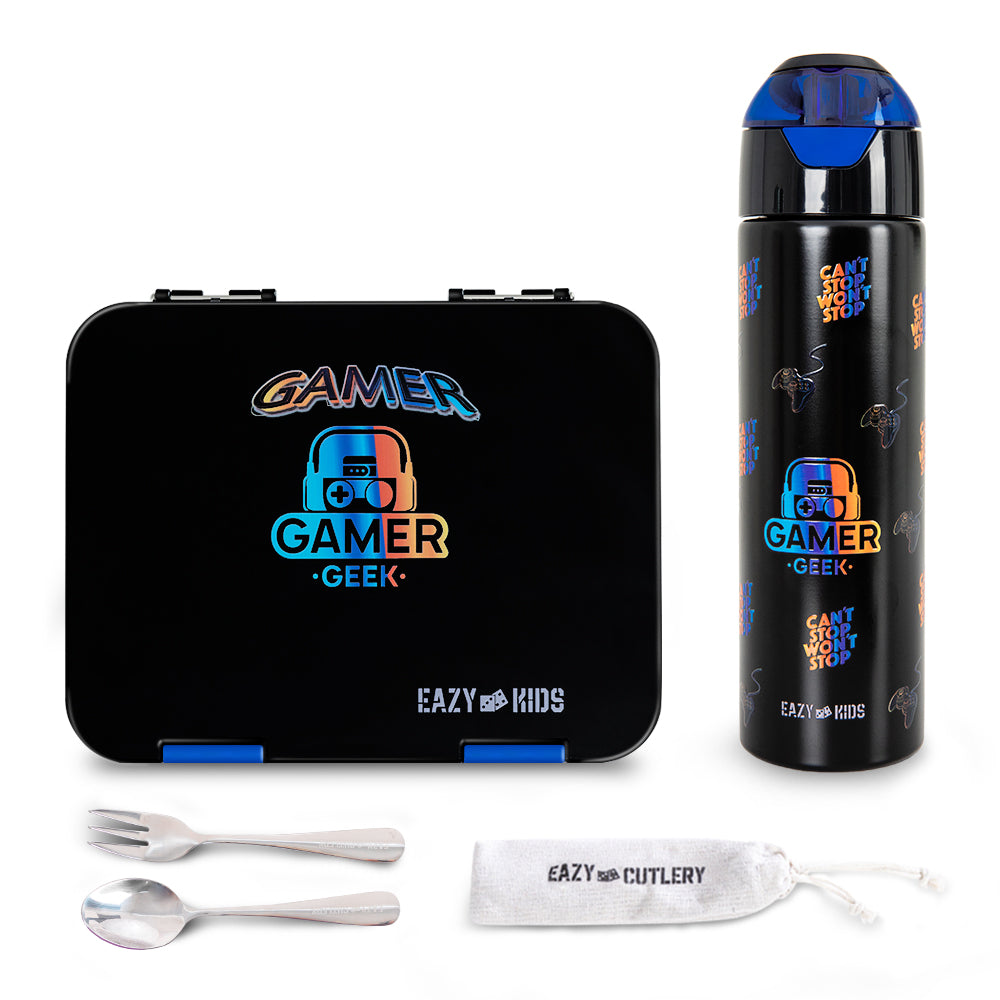 Eazy Kids Convertible Bento Lunch Box w/ Insulated Stainless Steel Water Bottle 640ml – Gamer Black