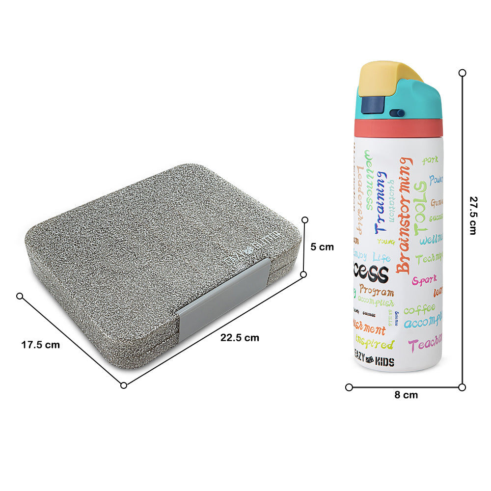 Eazy Kids Convertible Bento Lunch Box w/ Stainless Steel Water Bottle 710ml – Glitter Ivory