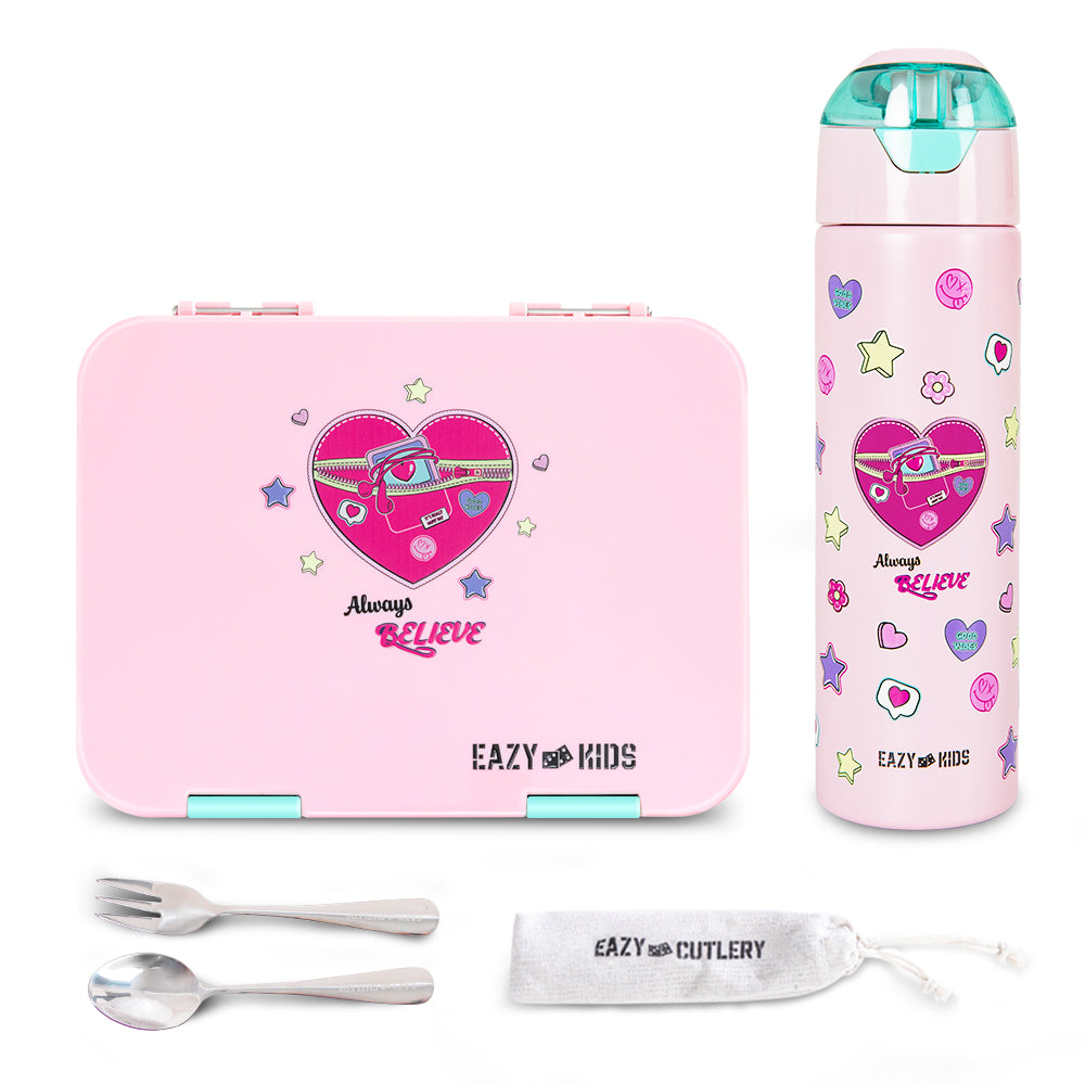 Eazy Kids Convertible Bento Lunch Box w/ Insulated Stainless Steel Water Bottle 640ml – Always Believe Pink