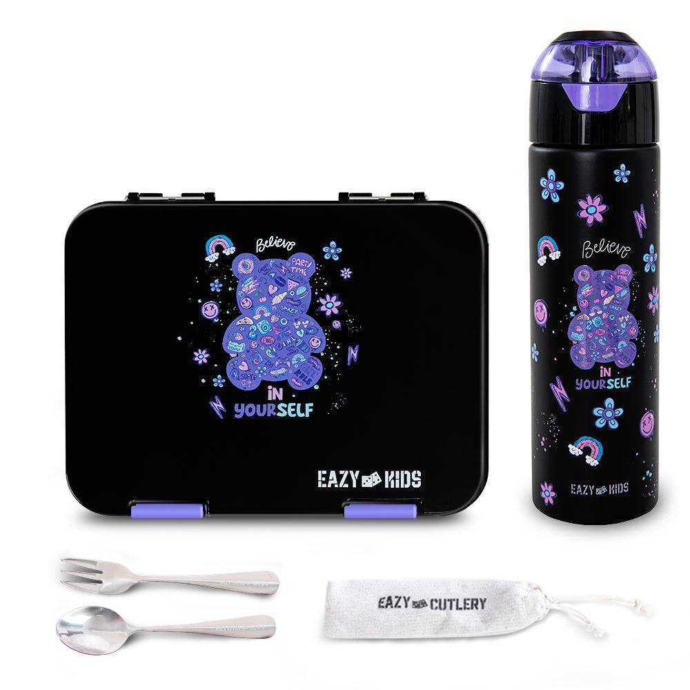 Eazy Kids Convertible Bento Lunch Box w/ Insulated Stainless Steel Water Bottle 640ml – Teddy Black