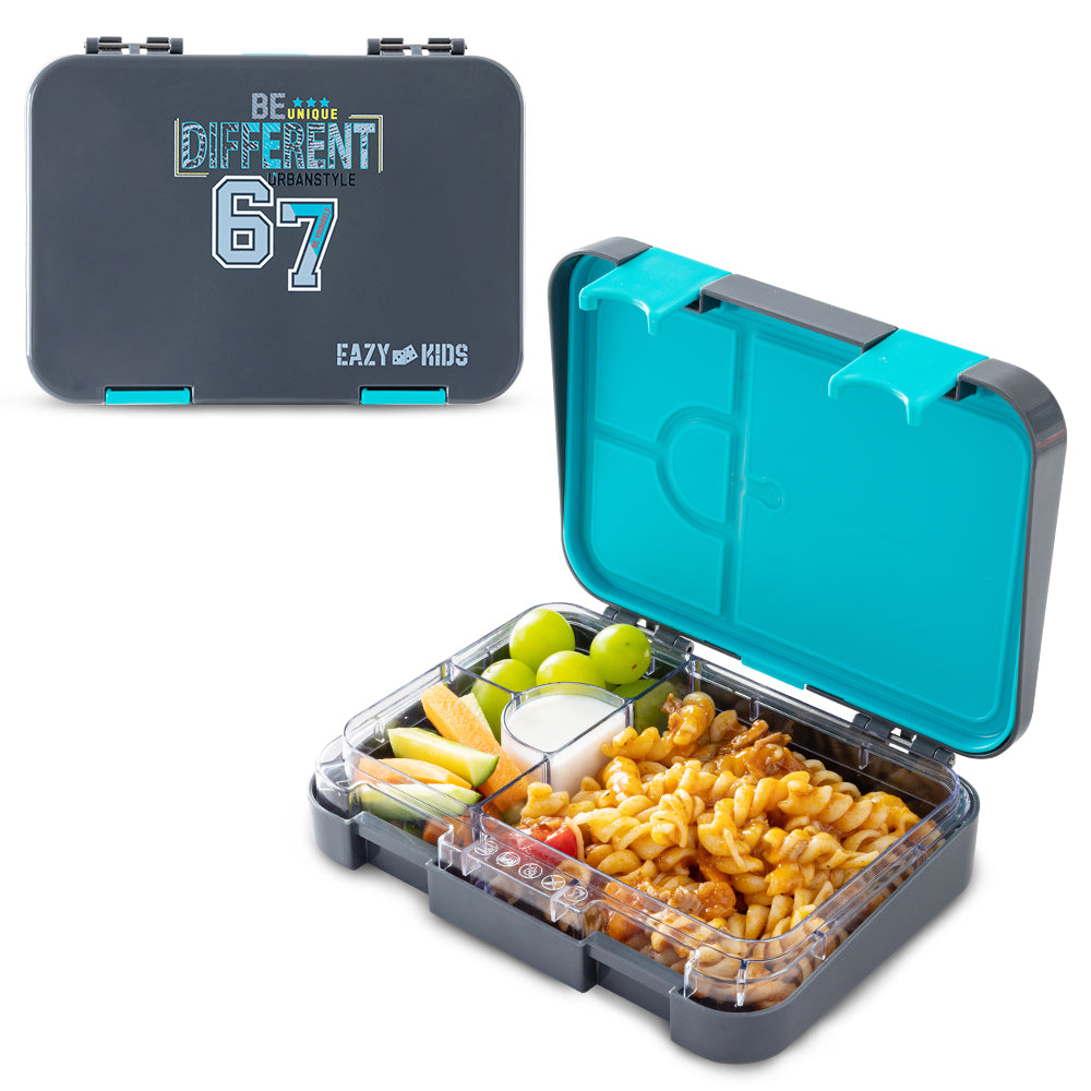 Eazy Kids 4 Compartment Bento Lunch Box w/ Flip Top Water Bottle 750ml – Urban Grey