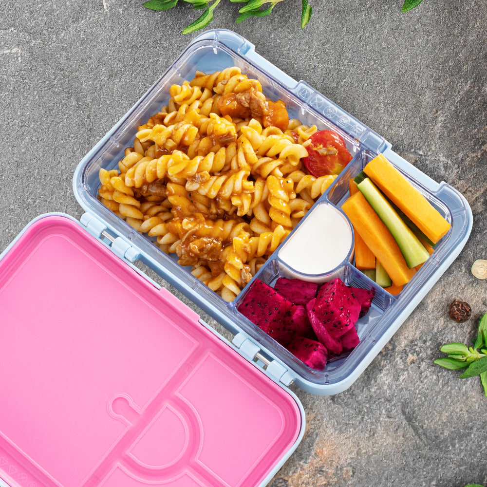 Eazy Kids 4 Compartment Bento Lunch Box w/ Flip Top Water Bottle 750ml – Flamingo Aqua