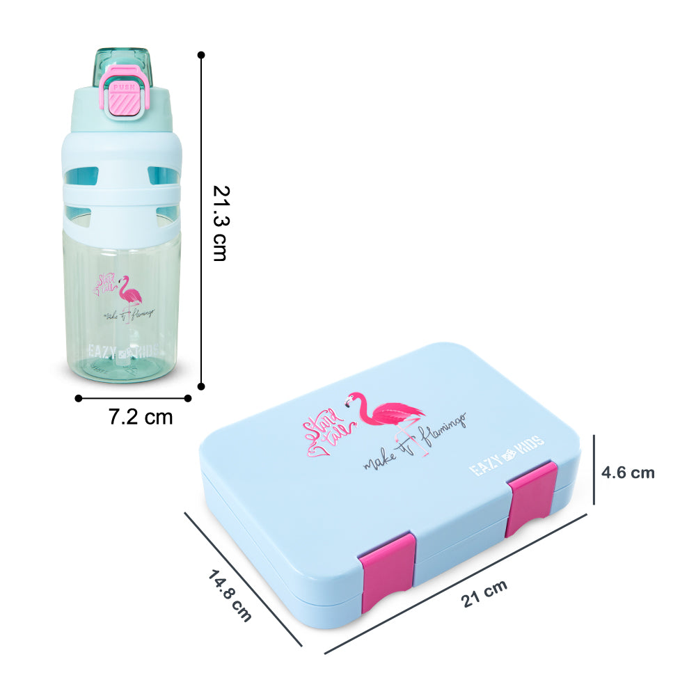 Eazy Kids 4 Compartment Bento Lunch Box w/ Flip Top Water Bottle 750ml – Flamingo Aqua