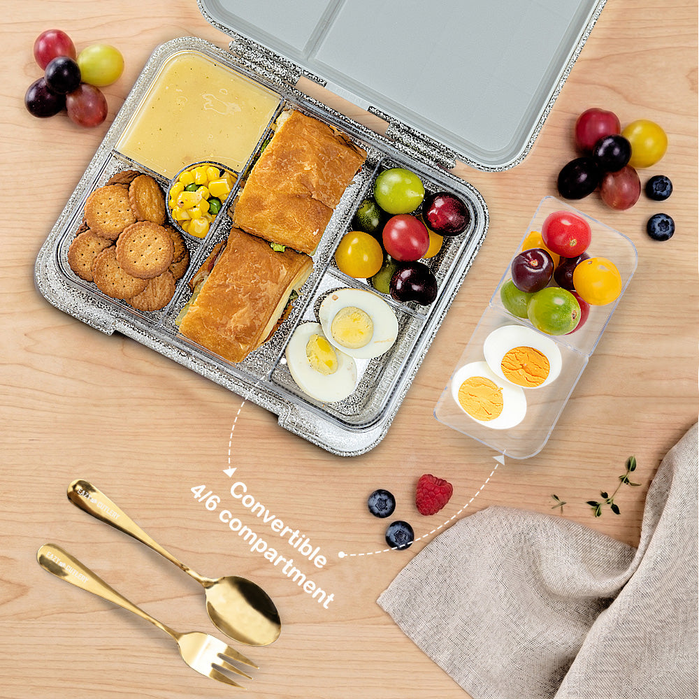 Eazy Kids Convertible Bento Lunch Box w/ Tritan Water Bottle 850ml – Glitter Ivory