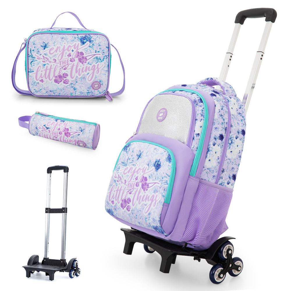 Eazy Kids 18” School Bag Set of 3 w/ Universal School Bag Trolley – Backpack, Lunch Bag & Pencil Case, Purple