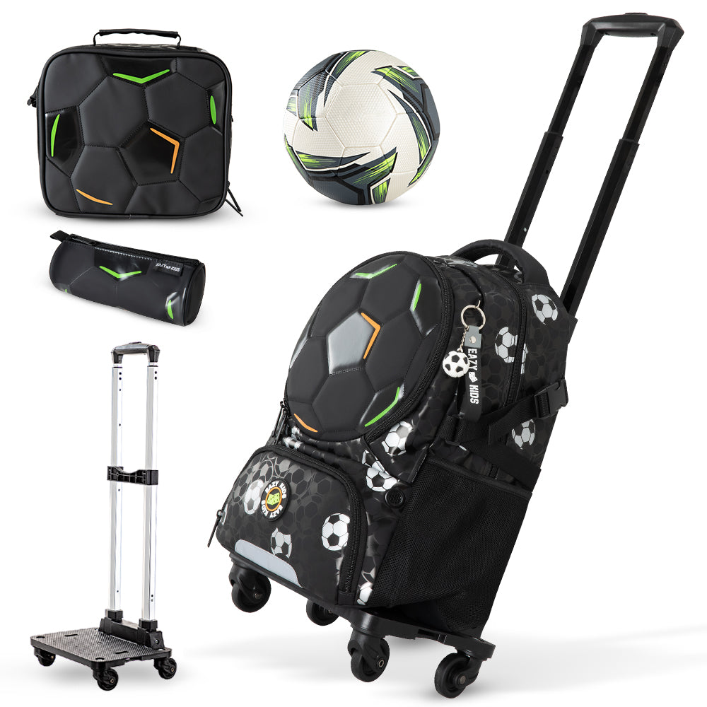 Eazy Kids Footballer Backpack Set w/ Complimentary Football & 4-Wheel School Bag Trolley – Black