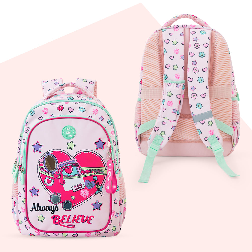 Eazy Kids 17” School Bag Set of 3 w/ 4-Wheel Trolley – Backpack, Lunch Bag & Pencil Case, Always Believe Pink