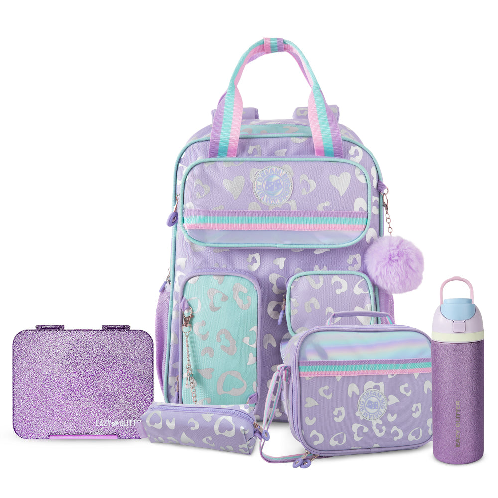 Eazy Kids 17” School Backpack Set w/ Stainless Steel Water Bottle & Convertible Bento Lunch Box – Purple