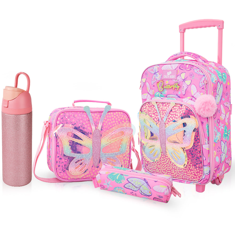 Eazy Kids 17” Trolley School Backpack Set w/ Stainless Steel Glitter Water Bottle – Butterfly Pink