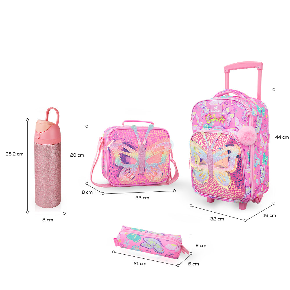 Eazy Kids 17” Trolley School Backpack Set w/ Stainless Steel Glitter Water Bottle – Butterfly Pink