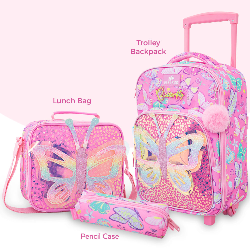 Eazy Kids 17” Trolley School Backpack Set w/ Stainless Steel Glitter Water Bottle – Butterfly Pink