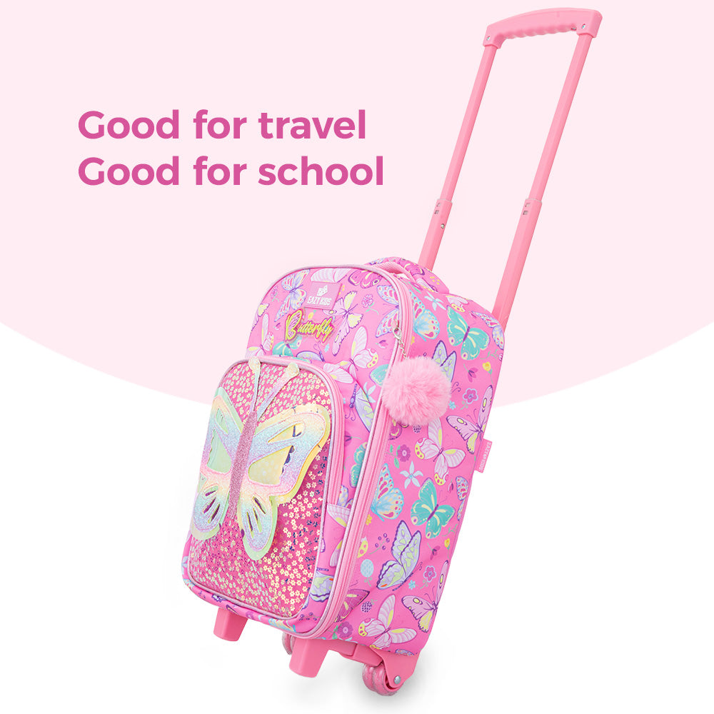 Eazy Kids 17” Trolley School Backpack Set w/ Stainless Steel Glitter Water Bottle – Butterfly Pink