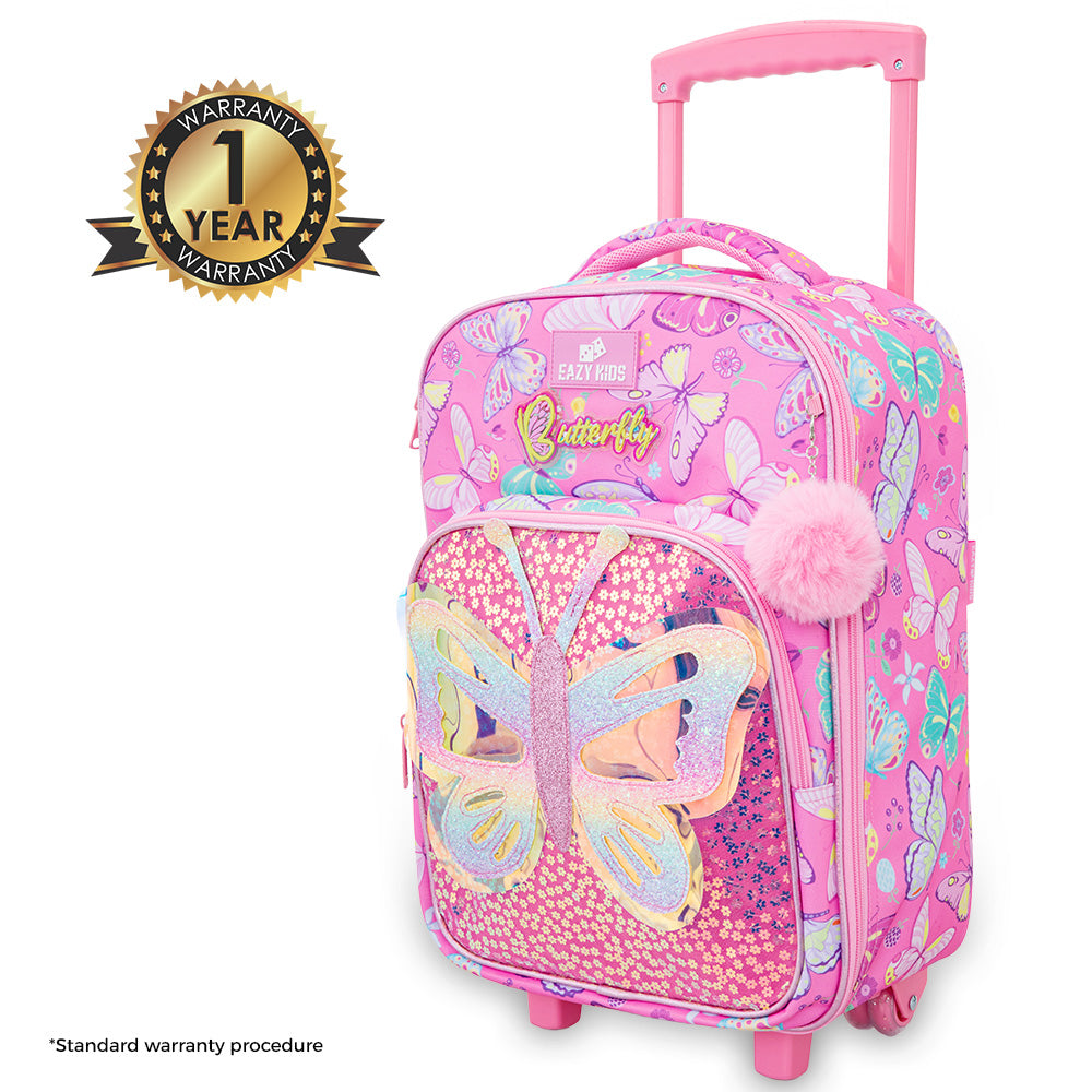 Eazy Kids 17” Trolley School Backpack Set w/ Stainless Steel Glitter Water Bottle – Butterfly Pink