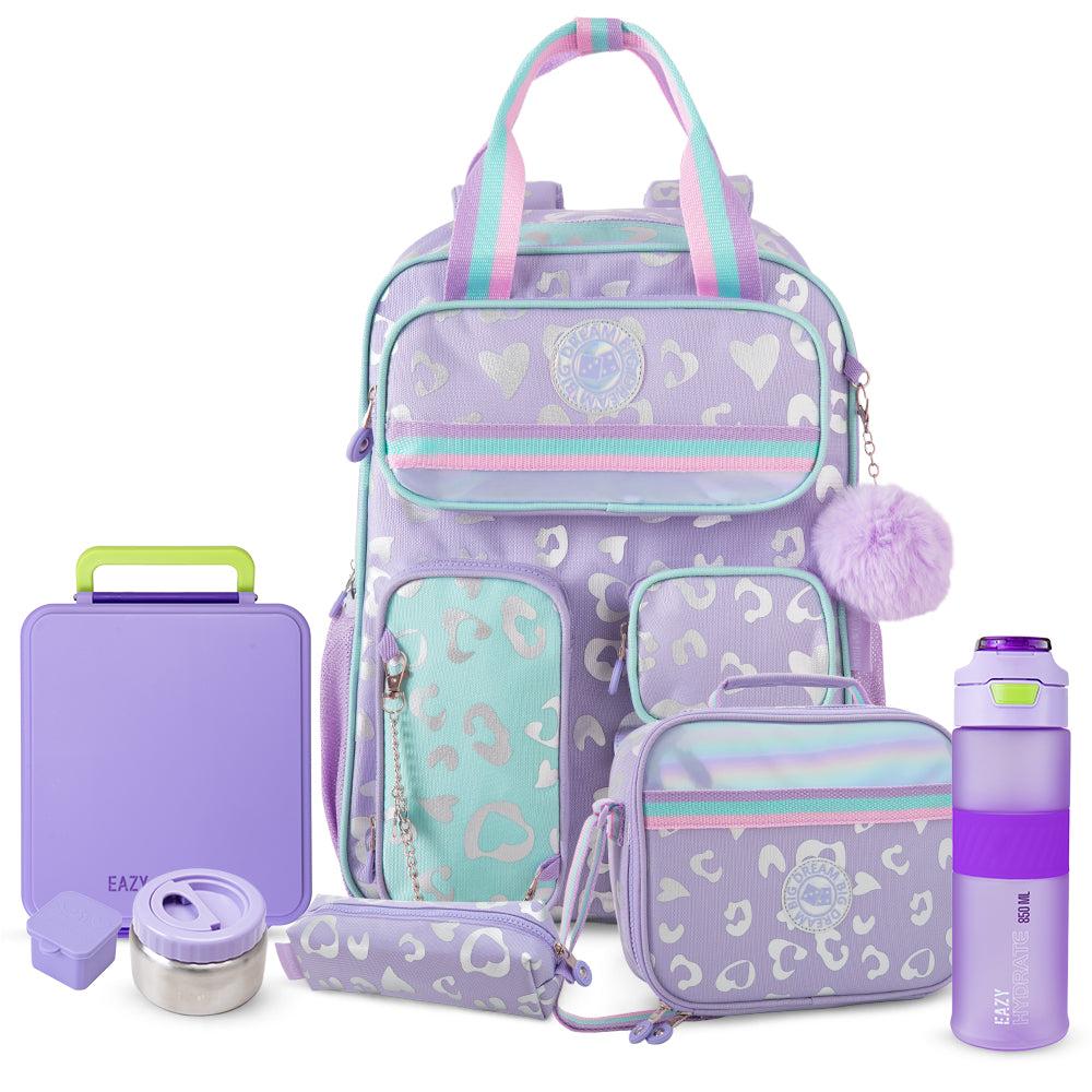 Eazy Kids 17” School Backpack Set w/ Tritan Water Bottle & Jumbo Bento Lunch Box – Purple