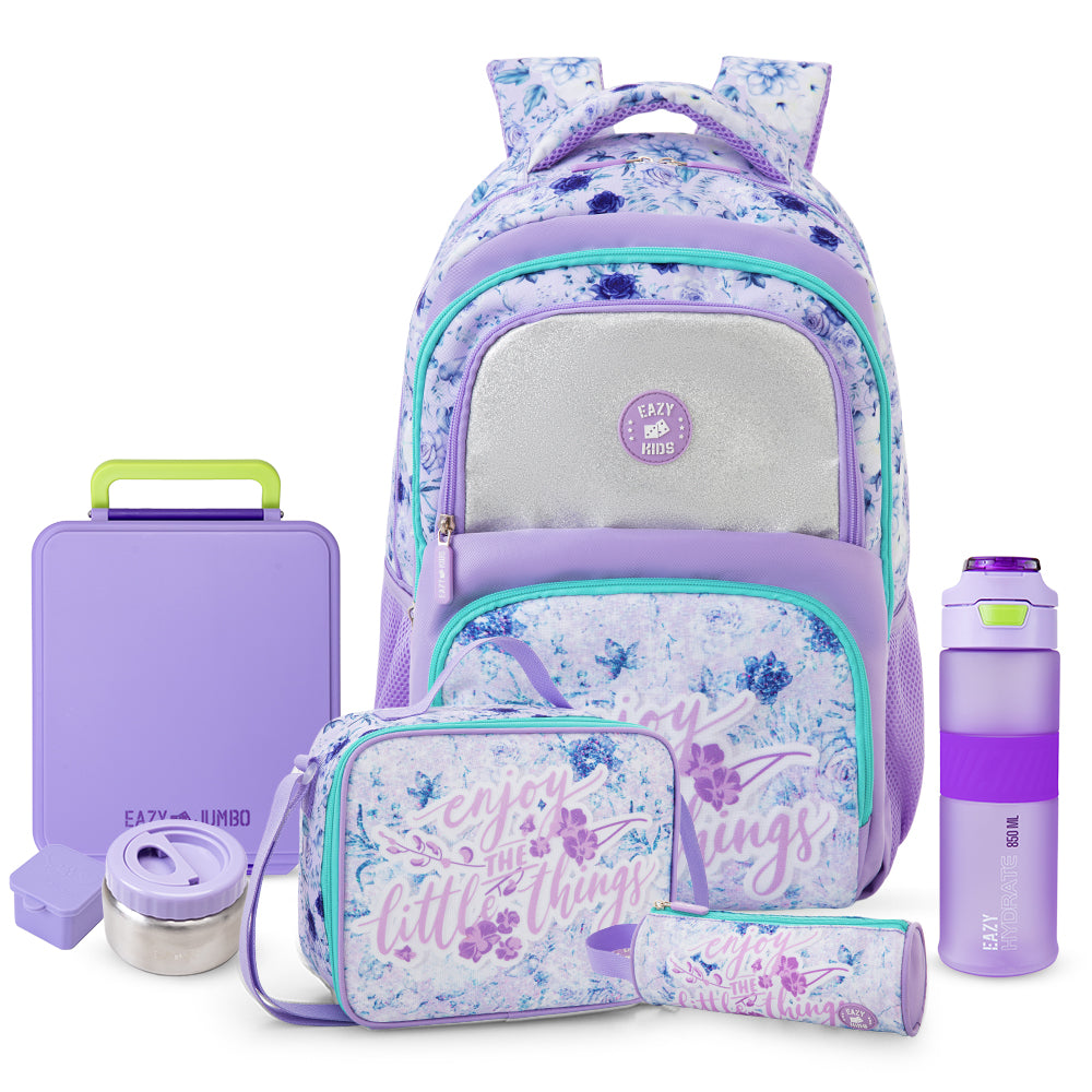 Eazy Kids 18” School Bag Set of 3 w/ Jumbo Bento Lunch Box & Tritan Water Bottle – Purple