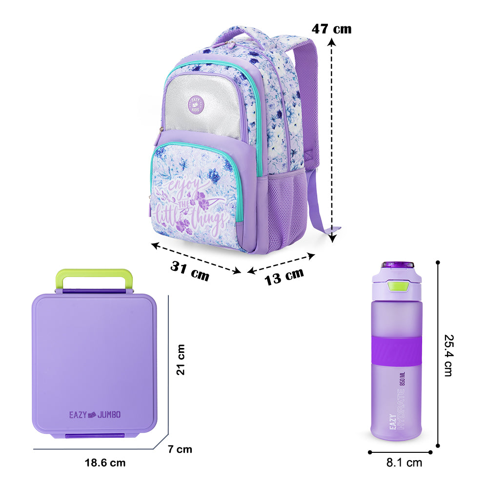 Eazy Kids 18” School Bag Set of 3 w/ Jumbo Bento Lunch Box & Tritan Water Bottle – Purple