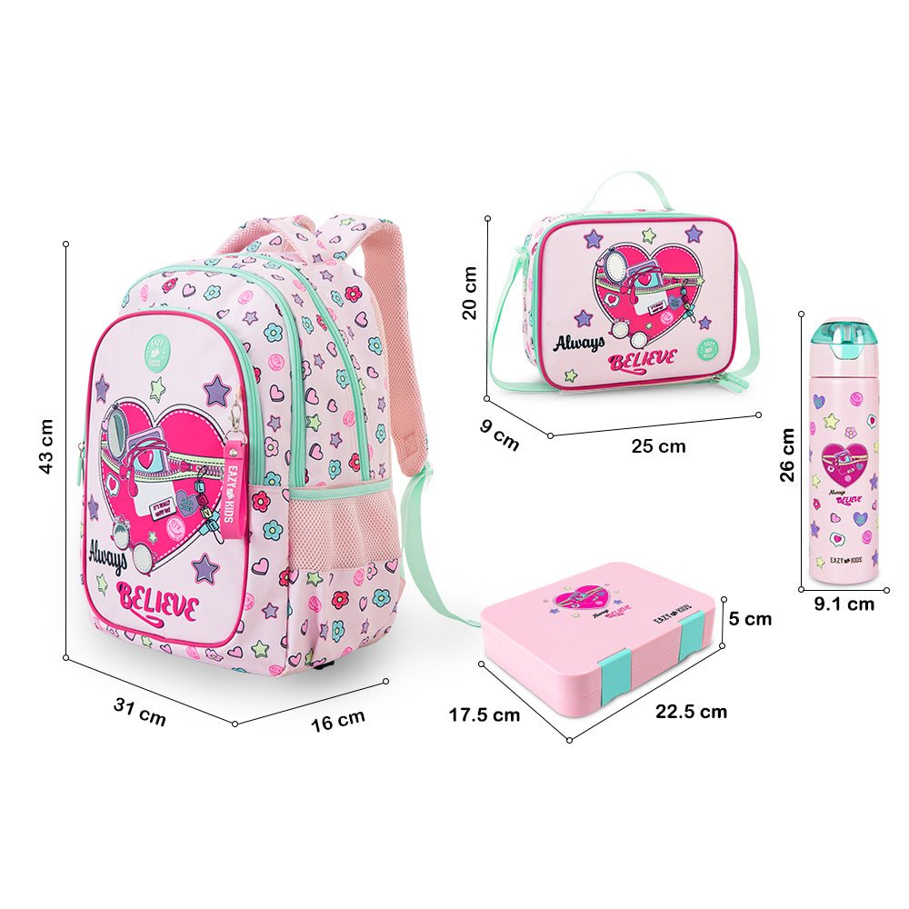 Eazy Kids 17inch School Bag Set of 3 w/ Insulated Water Bottle & Convertible Bento Lunch Box – Always Believe Pink