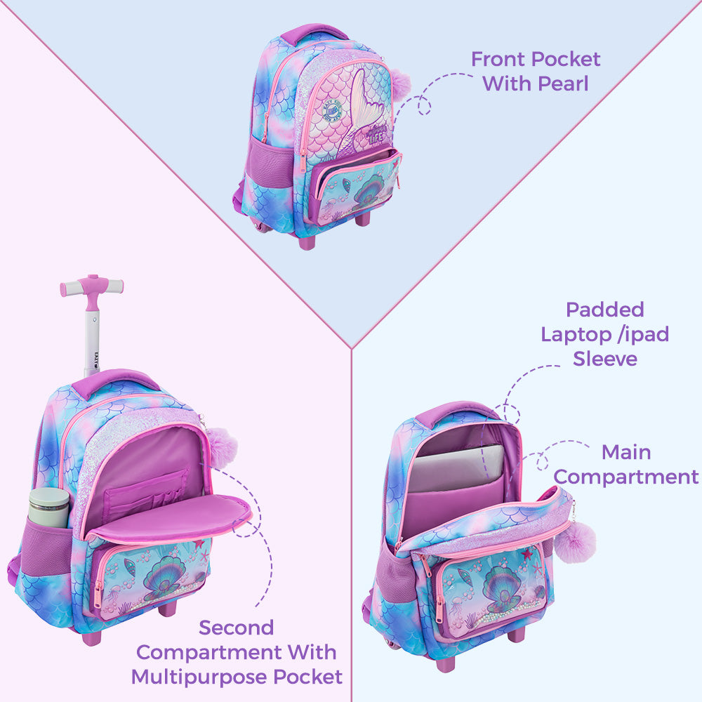 Eazy Kids 17” Trolley School Backpack Set w/ Convertible Bento Lunch Box & Insulated Water Bottle – Mermaid Pink