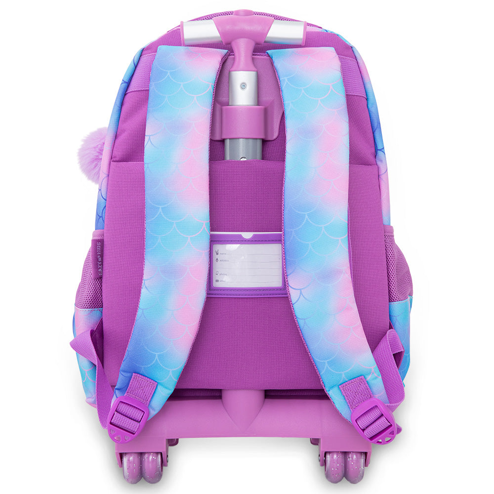 Eazy Kids 17” Trolley School Backpack Set w/ Convertible Bento Lunch Box & Insulated Water Bottle – Mermaid Pink
