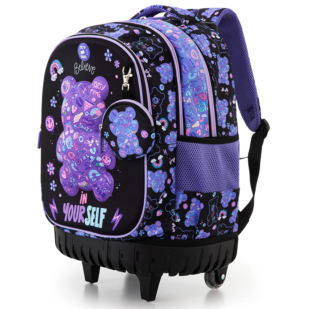 Eazy Kids 18inch Trolley School Bag Set of 4 w/ Insulated Water Bottle & Convertible Bento Lunch Box β Teddy Black