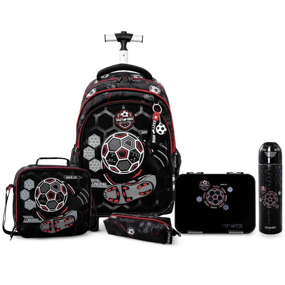 Eazy Kids 17inch Trolley School Backpack Set w/ Convertible Bento Lunch Box & Insulated Water Bottle – Football Black
