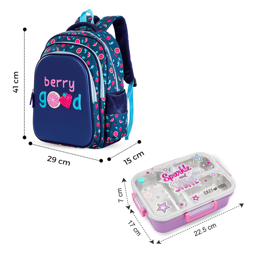 Eazy Kids Berry Good School Bag Set w/ Stainless Steel Bento Lunch Box – Blue