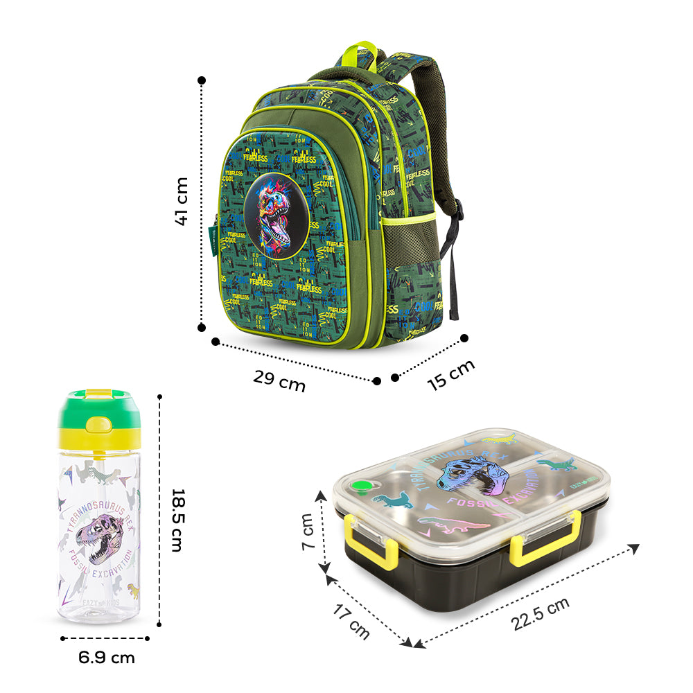 Eazy Kids Dino School Bag Set w/ Bento Lunch Box & Spray Water Bottle – Green