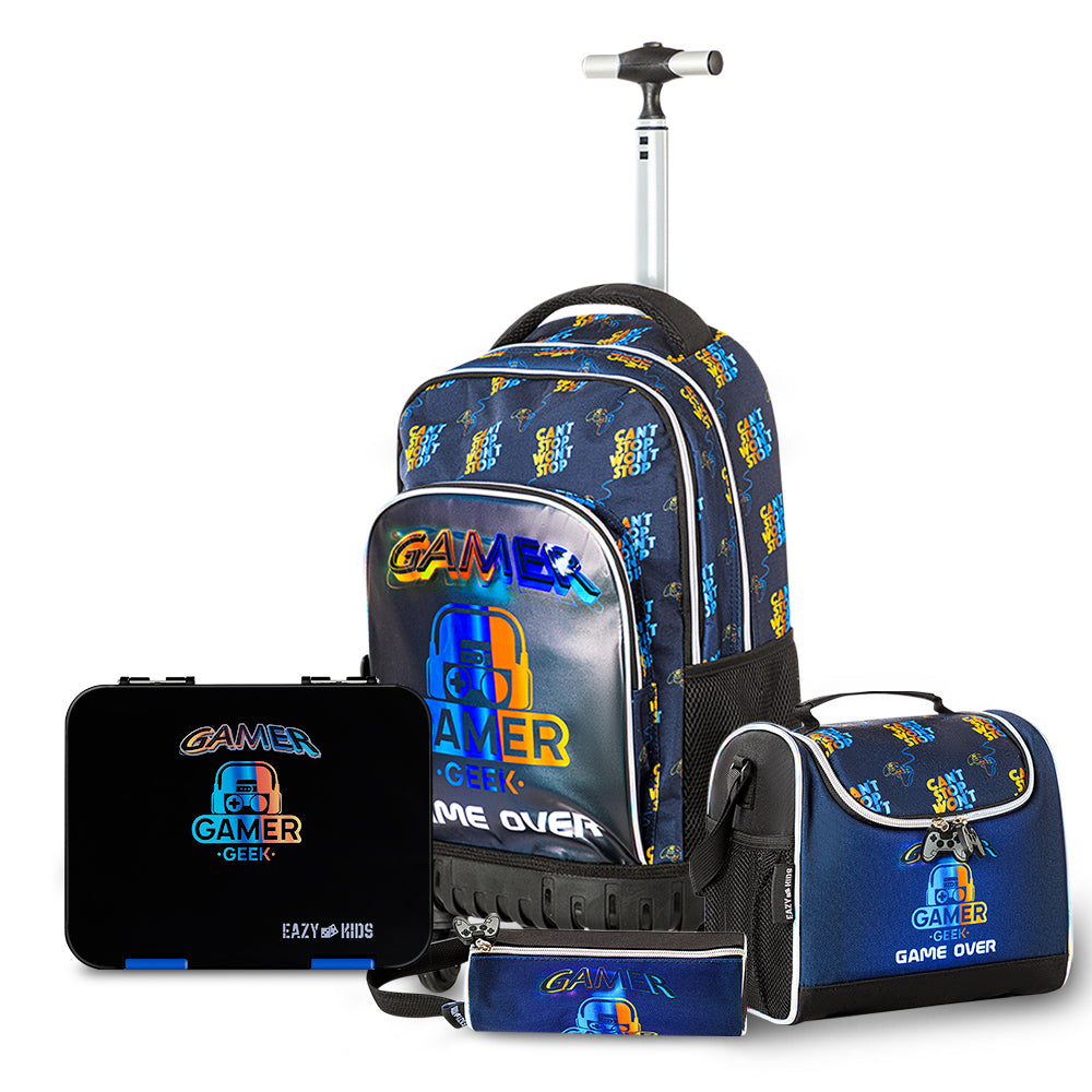 Eazy Kids Gamer Edition Trolley School Combo Set – Backpack, Bento Lunch Box & Spray Water Bottle - Black