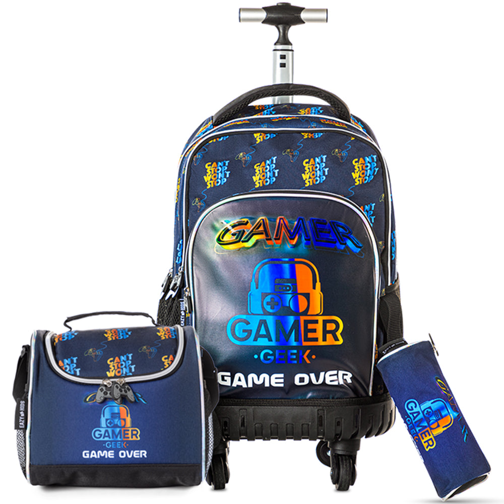 Eazy Kids Gamer Edition Trolley School Combo Set – Backpack, Bento Lunch Box & Spray Water Bottle - Black