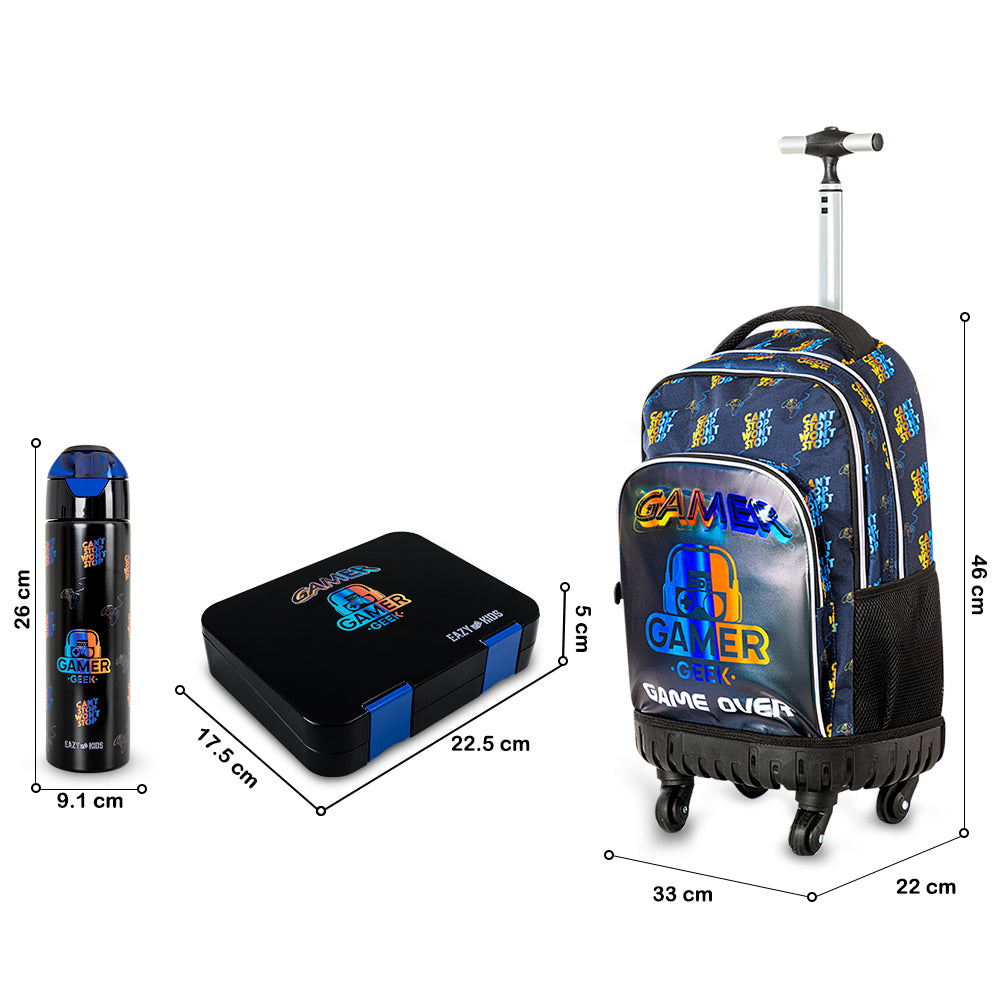Eazy Kids Gamer Edition Trolley School Combo Set – Backpack, Bento Lunch Box & Spray Water Bottle - Black